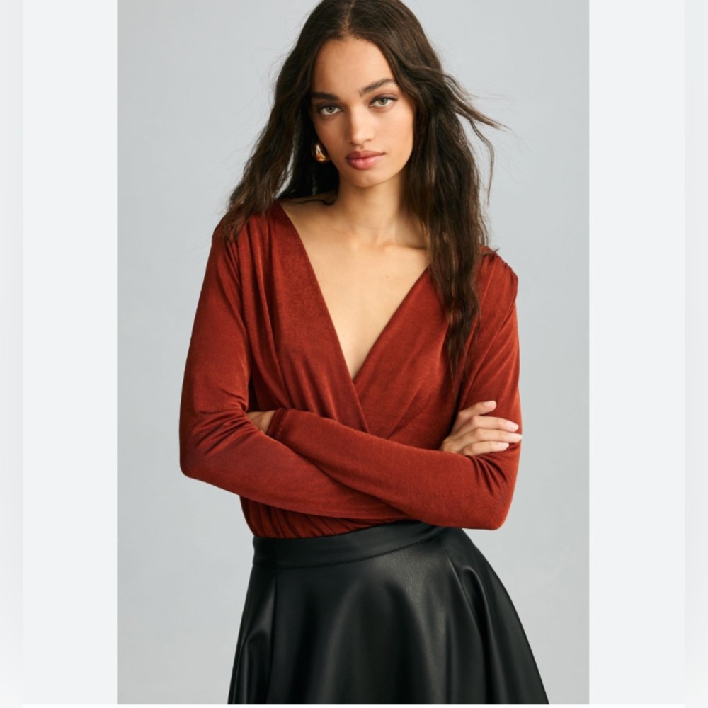 By Anthropologie Faux-Wrap Bodysuit - Orange/Brown - Size Large